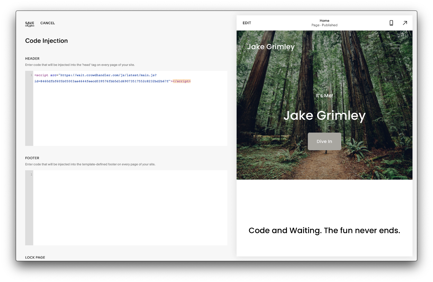 Ejemplo de inyección de código en un creador de páginas web como SquareSpace